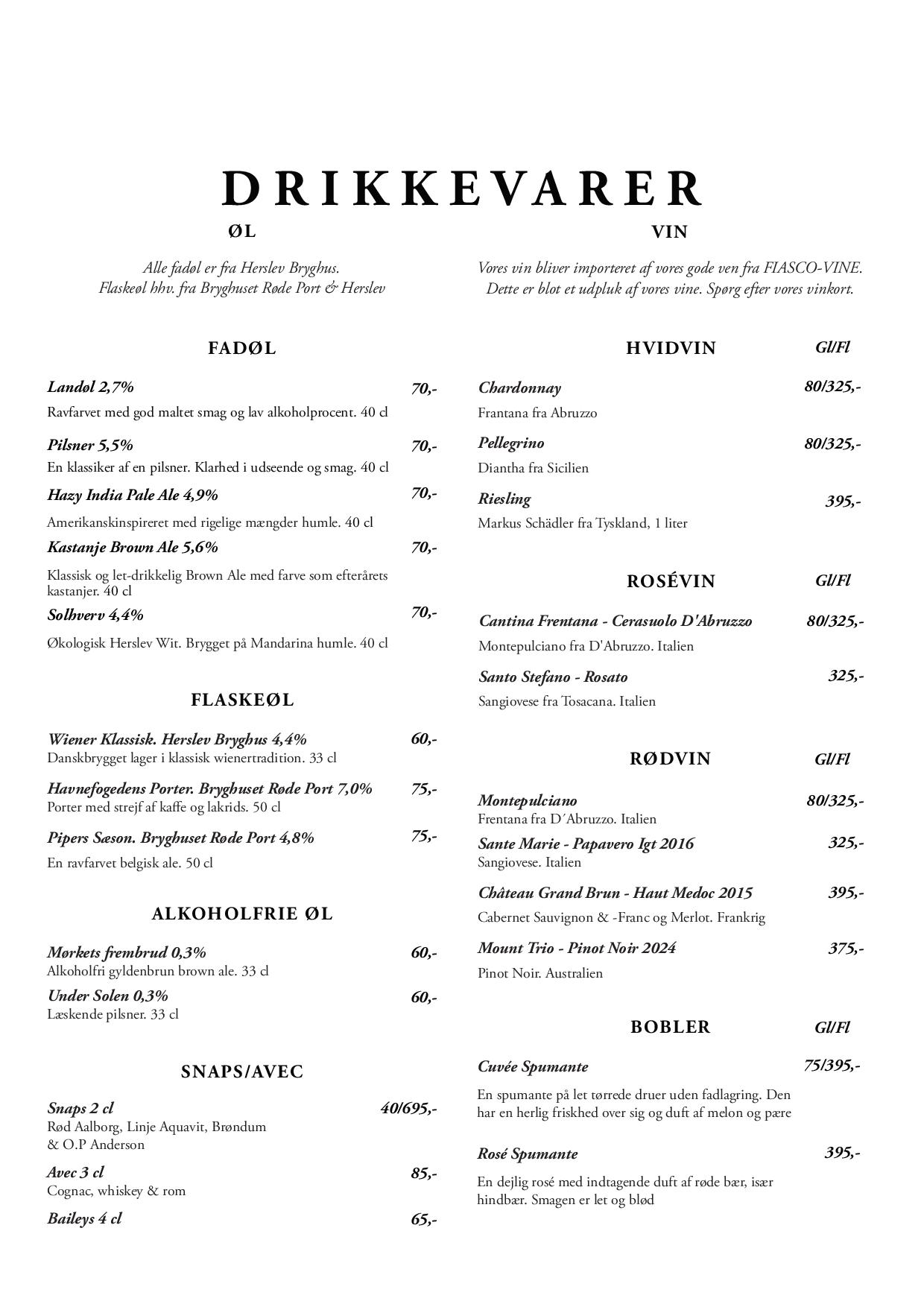 Drikkevarer med alkohol på Restaurant Pipers Hus i Roskilde Drikkevarer med alkohol på Restaurant Pipers Hus i Roskilde